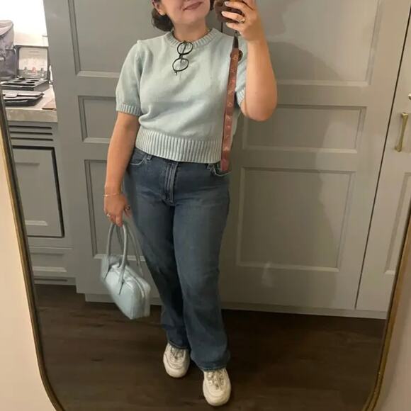 Toccin Blue Cropped Sweater Top MEDIUM Short Sleeve Preppy Spring Cotton $242 - Picture 7 of 12